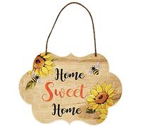 CREATCABIN Wooden Home Letter Sweet Home Sign Sunflower Bee Wood Plaque Sign Plank Rustic Wall Art Hanging Decorations For Entryway Housewarming Livingroom Outdoor Porch Yard Patio 9 x 6.3inch