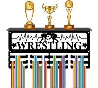 CREATCABIN Wrestling Medal Hanger Sports Trophy Shelf with 12 Hooks for Medals Sports Medal Holder for Wall Mount Hold 60+ Medals Ribbon Organizer Rack for Women Men Awards Race 15.7x8x4Inch