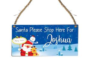 Create a Magical Christmas Welcome with Personalised Santa Claus Stop Here Sign - featuring Your Family's Name 5 Festive Door Decor Designs (Acrylic Indoor & Outdoor Use, Blue With Santa)
