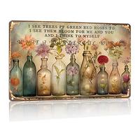 Create a peaceful atmosphere with the Dragonfly and Flowers Tin Sign, featuring beautiful "I See Green Trees" and "So Do Roses," quotes, office decor or garden room, metal poster plaque.8x12Inch