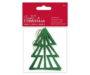 Create Christmas Glittered Wooden Tags 3 Pieces Tree, Craft, Gift, Present, Card Making Topper, DIY Crafts, Decoration, Blanks