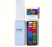 Create Light Blue 24 Watercolours Tin with Brush - Highly Pigmented & Fast Drying Travel Watercolour Paint Set for Mixing & Shading -Paint Kit for Indoor & Outdoor