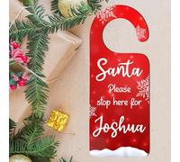 Create Magical Christmas Moments with our Personalised 'Santa Please Stop Here' Hanging Door Handle Sign - Add Your Child's Name for a Charming Festive Holiday Decor (Red Snowflake Design)