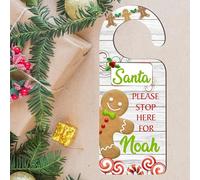 Create Magical Christmas Moments with our Personalised 'Santa Please Stop Here' Hanging Door Handle Sign - Add Your Child's Name for a Charming Festive Holiday Decor (Gingerbread Design)