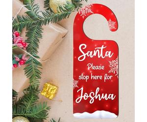 Create Magical Christmas Moments with our Personalised 'Santa Please Stop Here' Hanging Door Handle Sign - Add Your Child's Name for a Charming Festive Holiday Decor (Red Snowflake Design)
