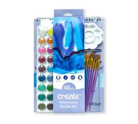 Create Paint Set 48 pcs Watercolor Bundle - 36 Watercolor Cakes, Brushes, Palette, Mixing Tray and 9 x 12 Pad - Complete Kit for Beginners and Artists - Holiday Art Supplies and Season Gift List