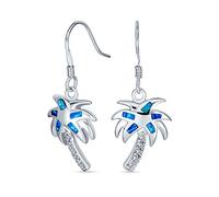 Created Blue Opal Beach Tropical Inlay Palm Tree Dangle French Wire Earrings For Women .925 Sterling Silver