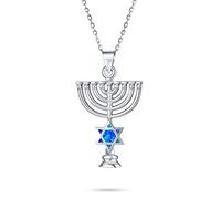 Created Blue Opal Religious Judaica Hanukkah Menorah Star Of David Pendant Necklace For Women Teens Bat Mitzvah .925 Sterling Silver