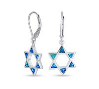 Created Blue Opal Religious Judaica Magen Hanukkah Star Of David Leverback Dangle Earrings For Women Teens Bat Mitzvah .925 Sterling Silver
