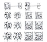Created Diamond Stud Earrings Set 0.118/0.19/7mm Princess & Round Cubic Zirconia Earring Hypoallergenic Jewelry for Women Men 6 Pairs, Stainless Steel, Cubic Zirconia