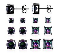 Created Diamond Stud Earrings Set 3/5/7mm Princess & Round Cubic Zirconia Earring Hypoallergenic Jewelry for Women Men 6 Pairs, Stainless Steel, Cubic Zirconia