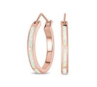 Created Pink Opal Inlay Flat Tube Large Hoop Earrings For Women Rose Gold Plated .925 Sterling Silver October Birthstone