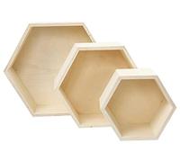 Creativ Company 56430 Hexagon Shelves, H: 14,8+19+24,2 cm, Depth 10 cm, Plywood, Hexagonal, 3 Assorted Shelves and Sizes