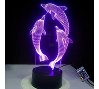 Creative 3D Dolphin Night Light Optical Illusion Decor Lamp 16 Colors Changing Remote Control USB Powered Touch Switch LED Table Desk Lamp Brithday Children Kids Christmas Xmas Gift