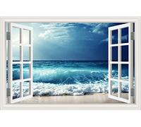 Creative 3D Full Colour Cloudy Sea Wave View False Faux Window Frame Window Mural Vinyl Bedroom Wall Decals Stickers