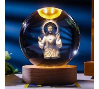 Creative 3D Jesus Crystal Ball, Glass Crystal Ball with LED Night Light & Wooden Base, Crystal Religious Gifts with Jesus Statue, Crystal Ball Night Light for Home Office Christmas Decoration (A)