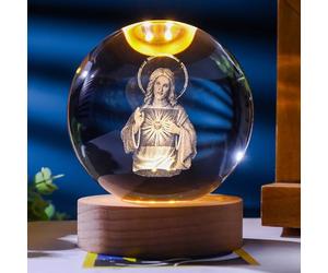 Creative 3D Jesus Crystal Ball, Glass Crystal Ball with LED Night Light & Wooden Base, Crystal Religious Gifts with Jesus Statue, Crystal Ball Night Light for Home Office Christmas Decoration (C)