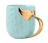 Creative 400 ML Ceramic Cartoon Gold Handle Mermaid Tail Coffee Mug Cute Water Milk Tea Cup Drinkware Craft Gift (Blue)
