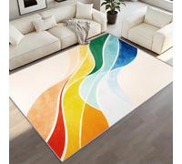 Creative Aesthetic Area Rug, Artistic Ribbon Stripe Pattern Carpet, Bold Rainbow Tones on Cream Base Rugs, Pet Friendly & Non-Shedding, for High Traffic Hallway, Dining Room and Patio 150 x 210 cm