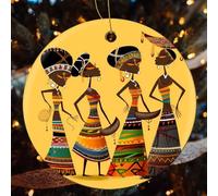 Creative African Culture Ceramic Christmas Ornaments - 4 Pcs Rustic Round Xma Tree Decor with Hanging String, Personalized Vintage Double-Sided Holiday Party Decorations for Xmas Gifts