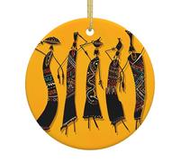 Creative African Culture Printing 2.9 Inch Round Ceramic Christmas Tree Hanging With Gold Ropes For Holiday Decoration And Gift