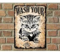 Creative Aluminum Tin Sign Wash Your Pussy Cat Bathroom Retro Wall Decor Vintage Cute Metal Sign Gift Bedroom Vintage Novelty Cafe Shop Tin Sign 12x8 Inch Garage