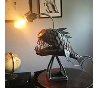 Creative Angler Fish Table Lamp, LED Retro Art Steampunk Halloween Steampunk Decoration Vintage Iron Art Desk Lamps, with USB Interface Fishing Night Lights Large