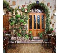 Creative Architecture Wooden Doors Potted Plants Modern 3D Wallpaper Premium Textured Silk Neutral Tones Material Ideal for Living Room Bedroom-300cm×210cm