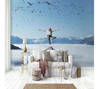 Creative Blue Sky Flying Birds Mountain Peaks People 3D Wallpaper Textured Silk Easy Install Living Room Sofa Bedroom Dining Room Home Decoration Wall-350cm×256cm