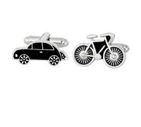 Creative Car Bicycle French Shirt Cufflinks for Men Silver Plated Black Enamel Asymmetric Bike Vehicle Tie Bar Clips Cuff Link Dainty Birthday Holiday Party Dress Accessories Jewelry
