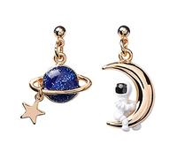Creative Cartoon Asymmetrical Astronaut Blue Planet Stud Earrings for Women Charm Jewelry Cute Star Moon Earth Spaceman Drop Earrings, extra, Metal, no inlay
