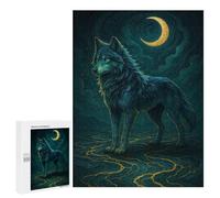 Creative Challenge - Blue Wolf Under Crescent Moon, 500 PCS, Wooden Brain Teaser for Adults, Weekend Puzzle Project, for Screen-Free Relaxation at Home