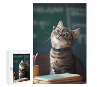 Creative Challenge - Cat in Glasses Studying, 1000 PCS, Wooden Brain Teaser for Adults, New Year Puzzle Gift, with A Decorative Finished Picture