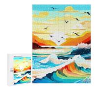 Creative Challenge - Colorful Ocean Waves And Birds, 500 PCS, Decorative Wooden Puzzle, Winter Gift, with A Decorative Finished Picture