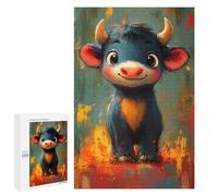 Creative Challenge - Cute Oil Paint Cartoon Bull, 1000 PCS, Wooden Brain Teaser for Adults, Weekend Puzzle Project, for Screen-Free Relaxation at Home
