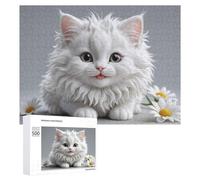 Creative Challenge - Fluffy White Kitten with Daisies, 500 PCS, Adult Picture Puzzle, Thoughtful Present, for Relaxing Solo Or Group Play