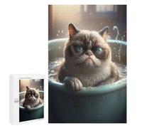 Creative Challenge - Grumpy Cat Meme Bathtub, 1000 PCS, Adult Wooden Jigsaw, Holiday-Season Gift - for A Rewarding Weekend Challenge