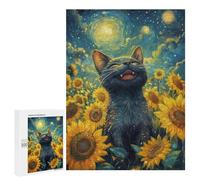 Creative Challenge - Happy Black Cat in Sunflower Field, 500 PCS, Adult Tabletop Puzzle, New Year Gift - to Assemble, Frame And Display