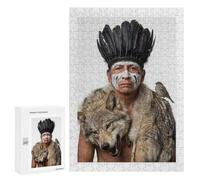 Creative Challenge - Native American Man with Wolf And Sparrow, 300 PCS, Wooden Jigsaw Puzzle for Adults, Gift for Winter Evenings, for Relaxing Solo Or Group Play