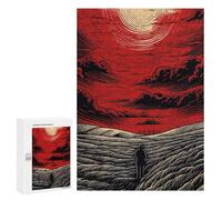 Creative Challenge - Red Sky, Lonely Figure, Field, 300 PCS, Displayable Picture Puzzle, Seasonal Home Décor - for Detail-Focused Puzzlers