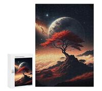 Creative Challenge - Red Tree Under A Giant Moon, 300 PCS, Adult Wooden Jigsaw, Holiday-Season Gift - for A Rewarding Weekend Challenge