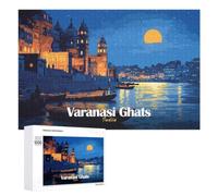 Creative Challenge - Varanasi Ghats India Night Illustration, 1000 PCS, Wooden Jigsaw Puzzle for Adults, New Year Puzzle Gift - to Assemble, Frame And Display