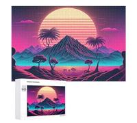 Creative Challenge - Vibrant Neon Landscape with Palm Trees, 1000 PCS, Displayable Picture Puzzle, Year-End Present; for Couples, Friends And Family