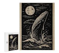 Creative Challenge - Whale Breaching at Night Linocut Art, 500 PCS, Adult Wooden Jigsaw, Year-End Present - for Quiet Evenings And Focused Play