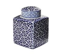 Creative Co-Op Decorative Square Ceramic Ginger Jar with Lid and Various Patterns, Blue and White