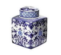 Creative Co-Op Decorative Square Ceramic Ginger Jar with Lid, Blue and White, Floral Pattern