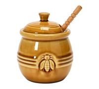 Creative Co-Op Farmhouse Embossed Stoneware Honey Pot with Wood Honey Dipper, Amber Orange