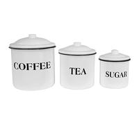 Creative Co-op Farmhouse Enameled Metal Containers with Coffee, Tea, and Sugar Messages, White and Black, Set of 3 Sizes, Aluminum