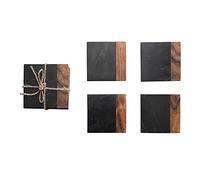 Creative Co-Op Marble and Acacia Wood 2-Tone, Black and Natural, Set of 4 Coaster