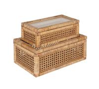 Creative Co-op Woven Rattan and Wood Display Boxes with Glass Lids, Natural and Clear, Set of 2, Rectangular